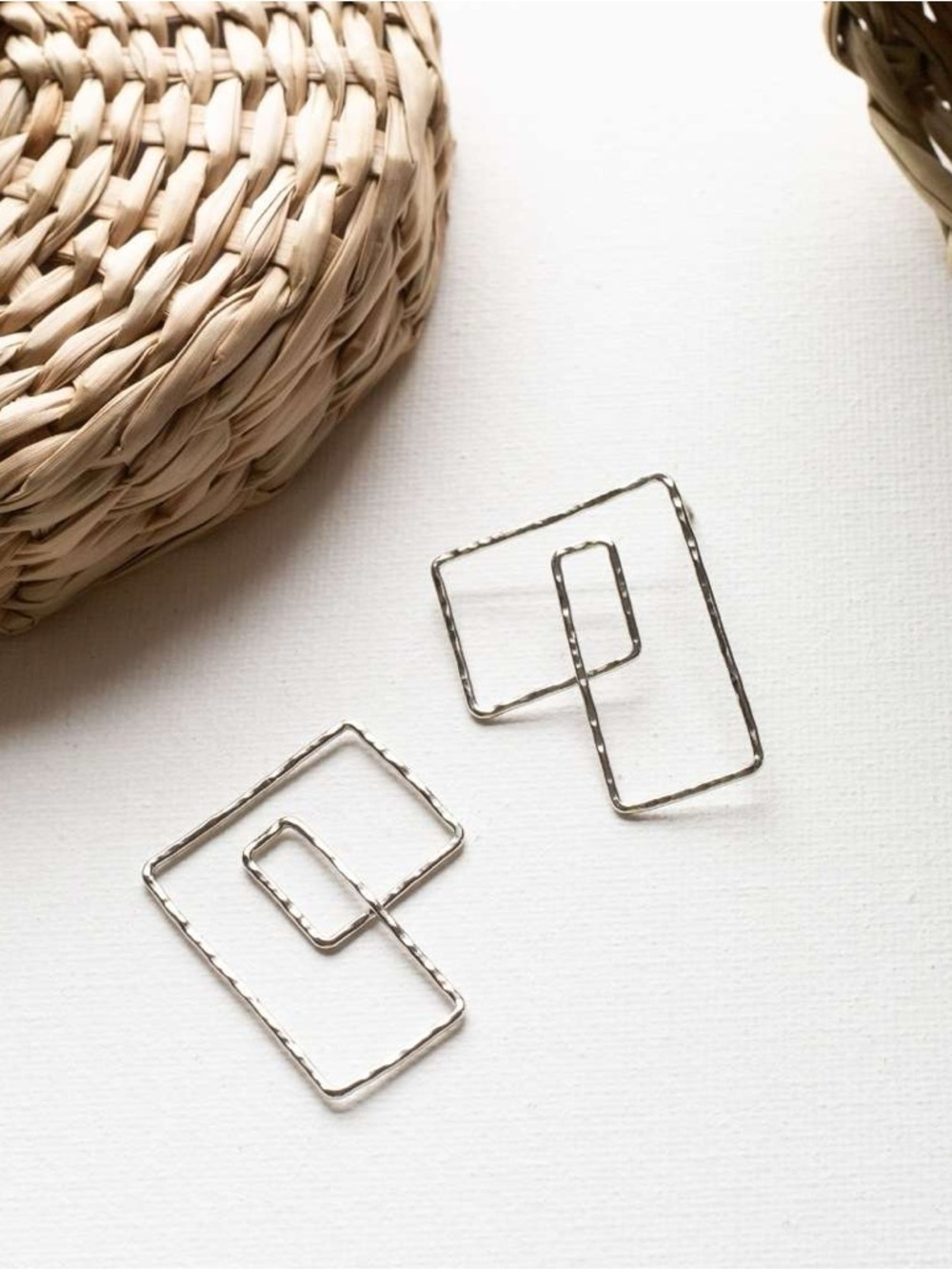 Modern Geometric Double Rectangle Earrings - Silver